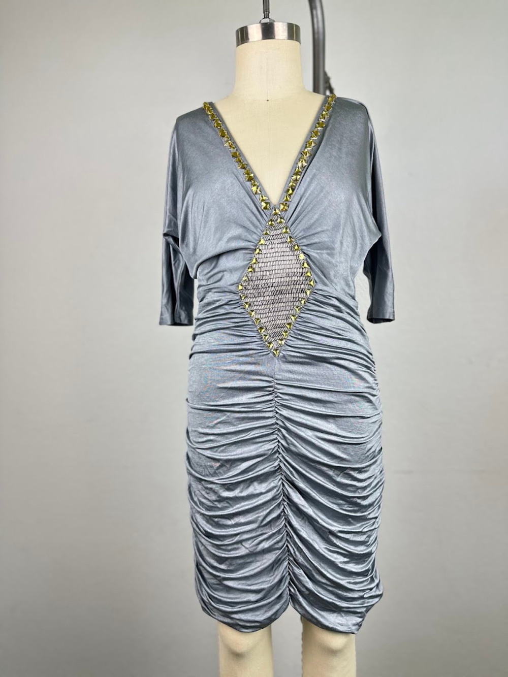 Bebe Ruched Metallic Bodycon Dress Silver Gold Beaded Size XS